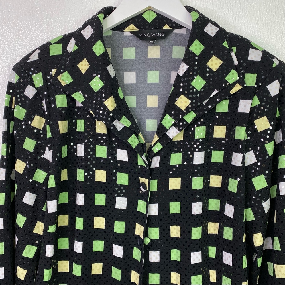 MING WANG Black Green Sequined Buttoned Top Size XL